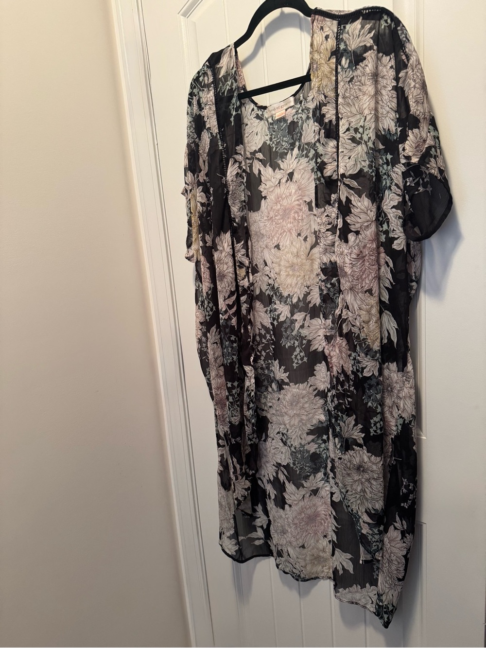Band of Gypsies Black Floral Sheer Long Kimono Duster Cardigan